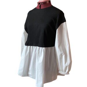 EZwear - Black & White 2-in-1 ribbed top - lantern sleeves & side ties - Large